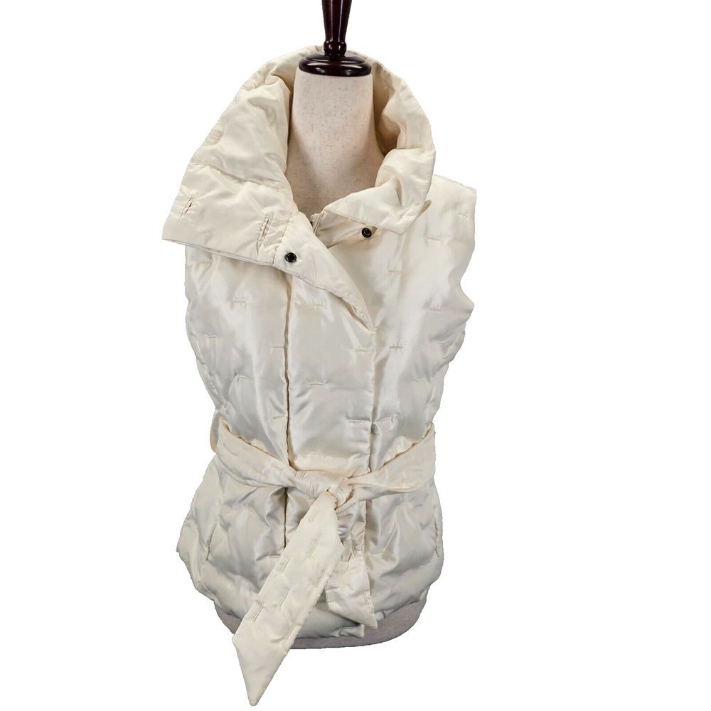 Talbots Puffer Jacket Womens Petite‎ Ivory Goose Down Filled Sleeveless Belted